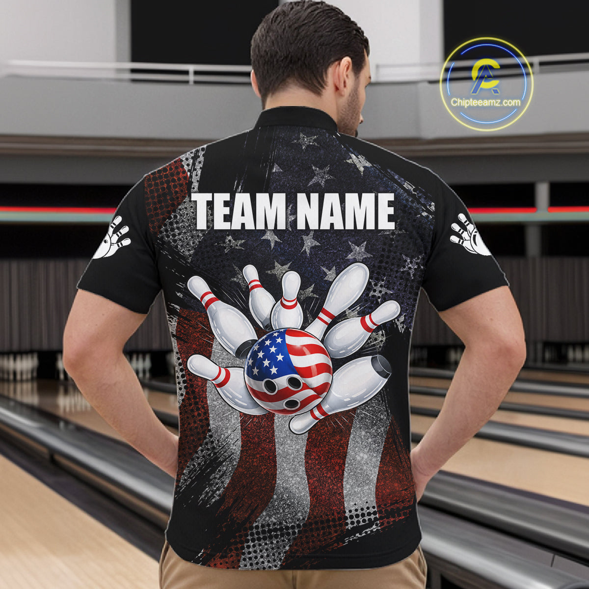 Man wearing retro American flag patriotic bowling quarter zip shirt back view.