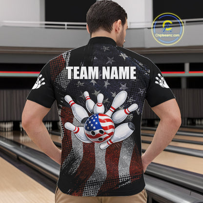 Man wearing retro American flag patriotic bowling quarter zip shirt back view.