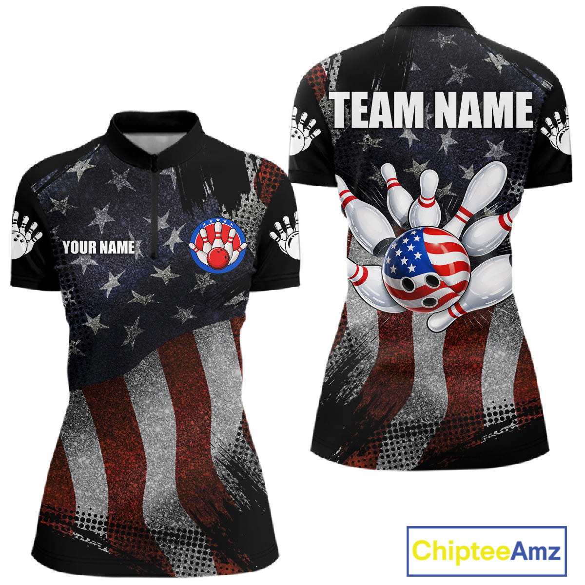 Retro American flag patriotic bowling team quarter zip shirt for women, custom patriotic bowling league jersey.