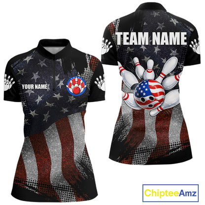 Retro American flag patriotic bowling team quarter zip shirt for women, custom patriotic bowling league jersey.