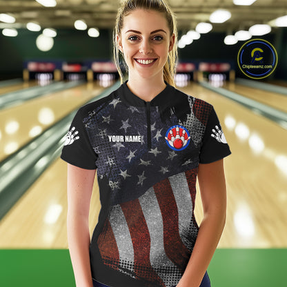 Woman wearing retro American flag patriotic bowling quarter zip shirt front view.