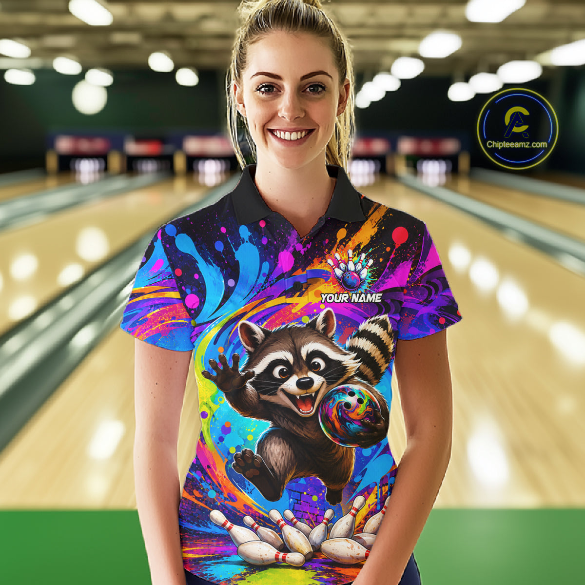 Woman wearing funny colorful raccoon bowling polo shirt front view.