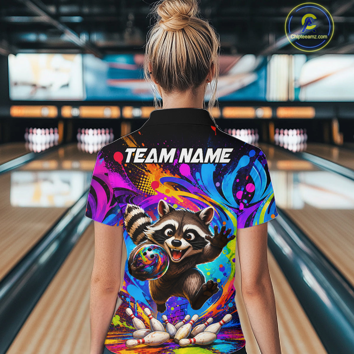 Woman wearing funny colorful raccoon bowling polo shirt back view.