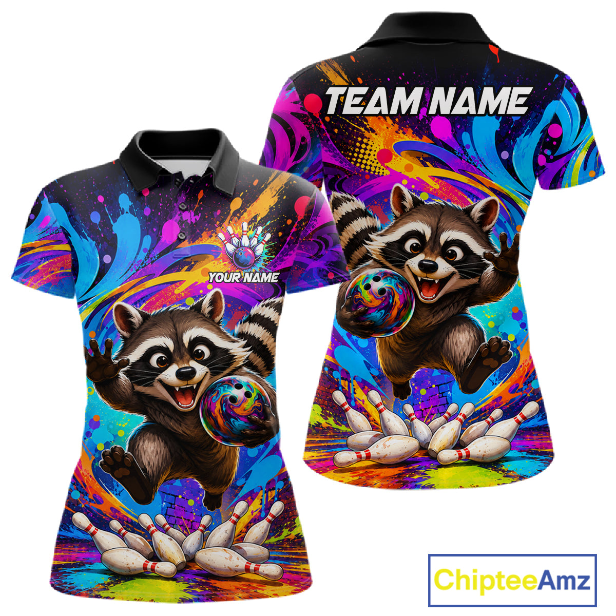 Funny colorful raccoon bowling team jersey polo shirt for women, custom bowling league apparel with playful raccoon design and vibrant colors.