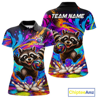 Funny colorful raccoon bowling team jersey polo shirt for women, custom bowling league apparel with playful raccoon design and vibrant colors.