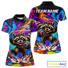 Load image into Gallery viewer, Funny colorful raccoon bowling team jersey polo shirt for women, custom bowling league apparel with playful raccoon design and vibrant colors.