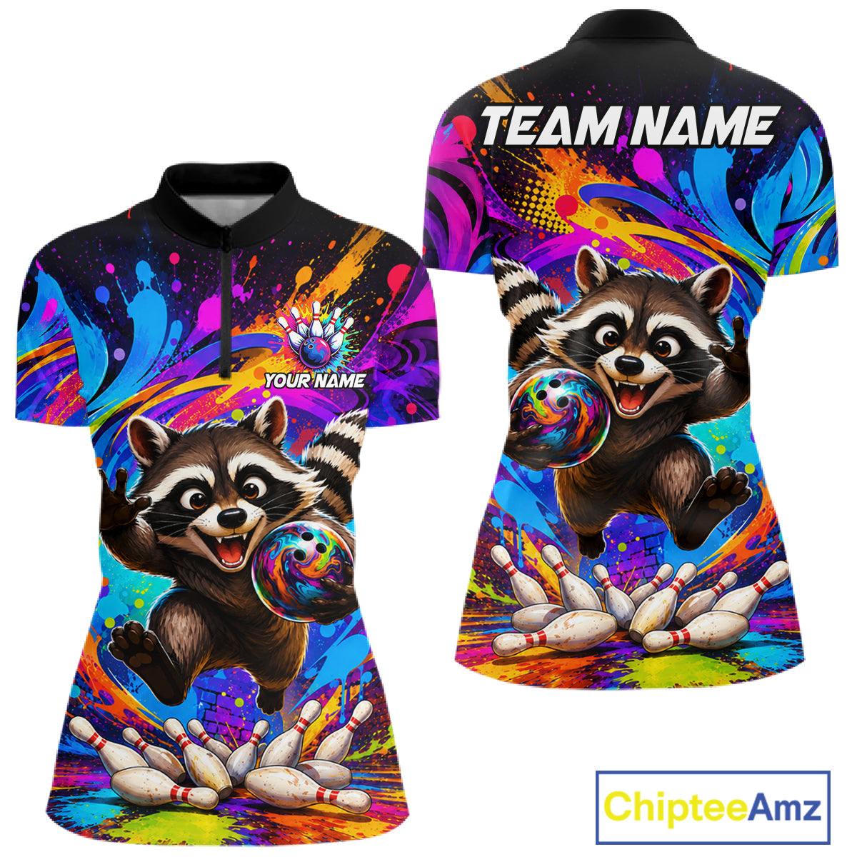 Funny colorful raccoon bowling team quarter zip shirt for women, custom bowling league jersey with colorful raccoon artwork.