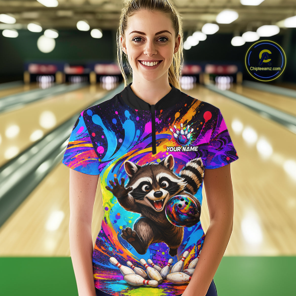 Woman wearing funny colorful raccoon bowling quarter zip shirt front view.