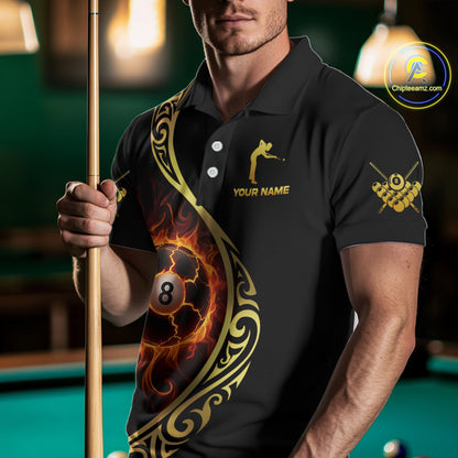 Personalized 8 Ball Fire Gold Tribal Billiard Shirt For Men, Billiard Jersey Team Polo & 1/4 Zip TDM5401