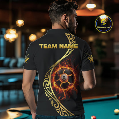 Personalized 8 Ball Fire Gold Tribal Billiard Shirt For Men, Billiard Jersey Team Polo & 1/4 Zip TDM5401