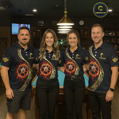 Personalized 8 Ball Fire Gold Tribal Billiard Shirt For Men, Billiard Jersey Team Polo & 1/4 Zip TDM5401