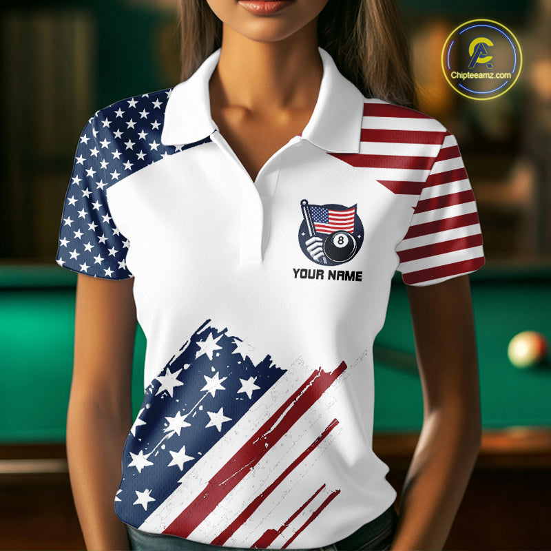 White Grunge American Flag Billiard Shirt For Women Custom Patriotic 8 Ball Pool Team Jersey TDM5687