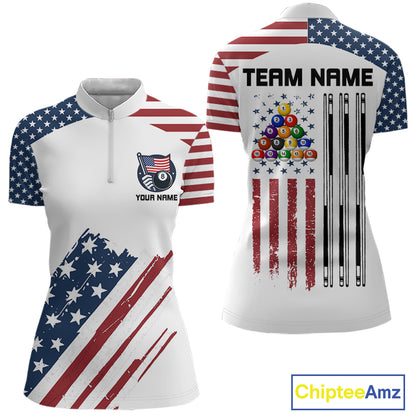 White Grunge American Flag Billiard Shirt For Women Custom Patriotic 8 Ball Pool Team Jersey TDM5687