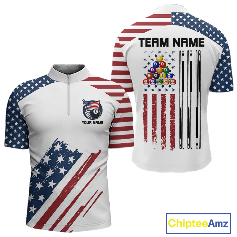White Grunge American Flag Billiard Shirt For Men Custom Patriotic 8 Ball Pool Team Jersey TDM5687