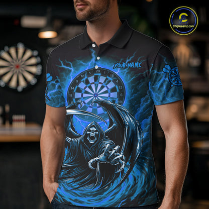 Personalized Blue Grim Reaper Lightning Darts Shirt For Men, Darts Team Jersey Polo & 1/4 Zip TDM5897