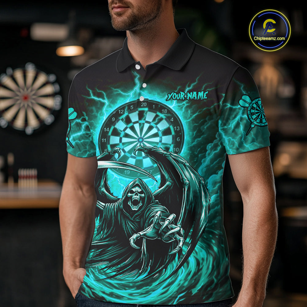 Personalized Turquoise Grim Reaper Lightning Darts Shirt For Men, Darts Team Jersey Polo & 1/4 Zip TDM5898