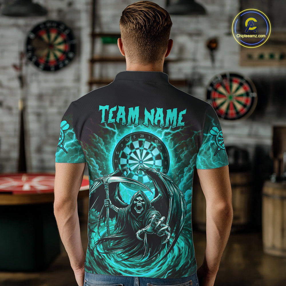 Personalized Turquoise Grim Reaper Lightning Darts Shirt For Men, Darts Team Jersey Polo & 1/4 Zip TDM5898
