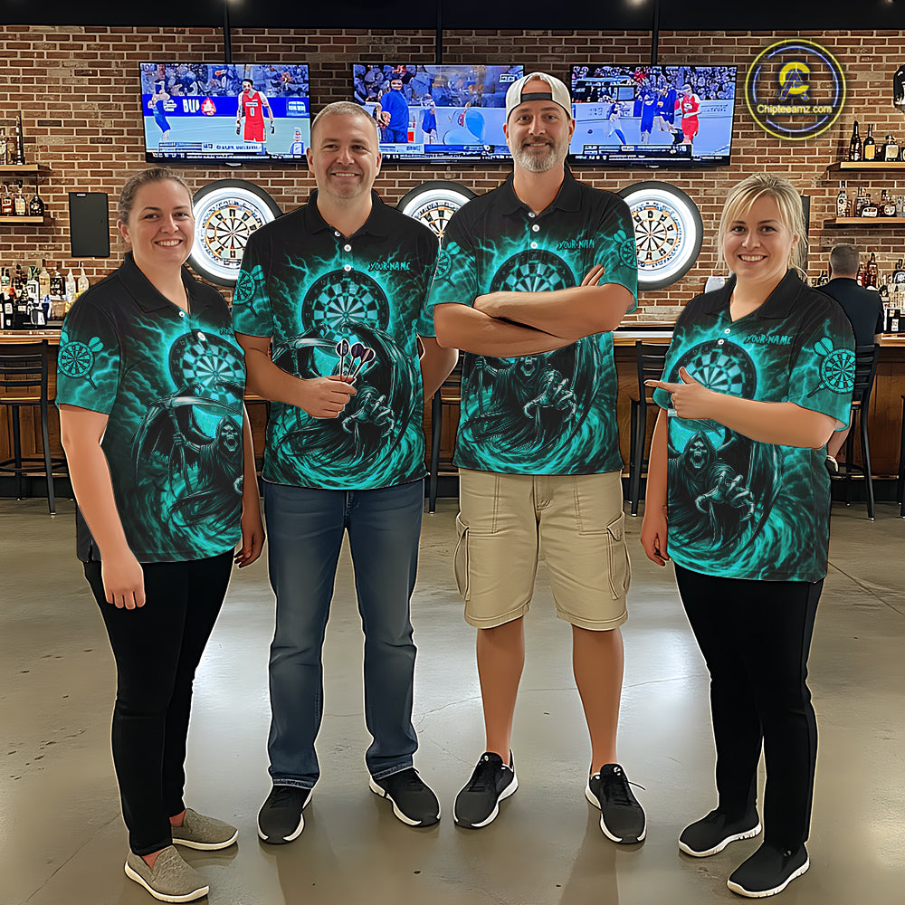 Personalized Turquoise Grim Reaper Lightning Darts Shirt For Men, Darts Team Jersey Polo & 1/4 Zip TDM5898
