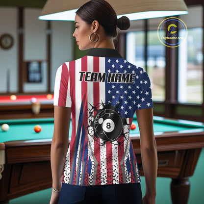 Funny Break 8 Ball Pool Billiard Shirt For Women Custom American Flag Pool Jersey Team Polo, 1/4 Zip TDM6036