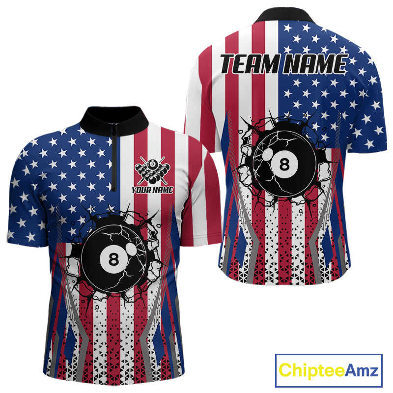 Funny Break 8 Ball Pool Billiard Shirt For Men Custom American Flag Pool Jersey Team Polo, 1/4 Zip TDM6036
