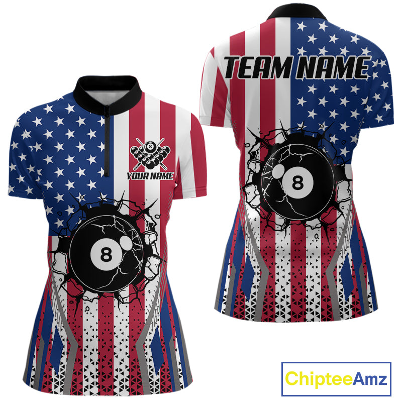 Funny Break 8 Ball Pool Billiard Shirt For Women Custom American Flag Pool Jersey Team Polo, 1/4 Zip TDM6036