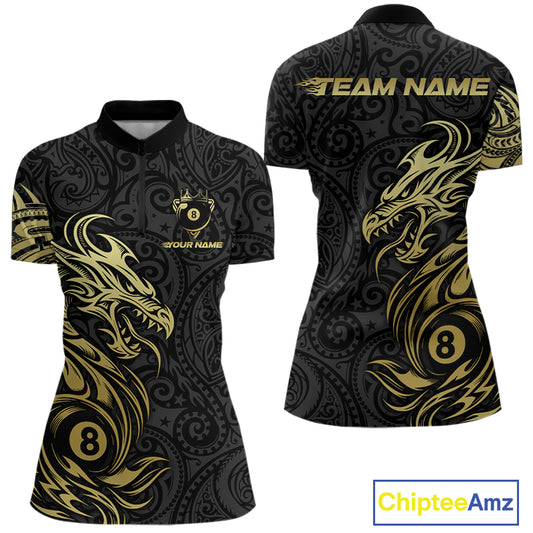 Personalized Black And Gold Tribal Dragon Billiard Shirt For Women Custom 8 Ball Pool Team Jerseys TDM4160