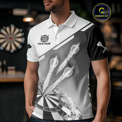 Personalized White And Grey Dart Jersey Polo & 1/4 Zip For Men Custom Dart Shirts Team Uniform TDM4754