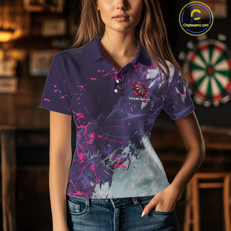 Pink And Purple Grunge Darts Polo & Quarter Zip Custom Darts Shirt For Women, Darts Team Jersey TDM4978
