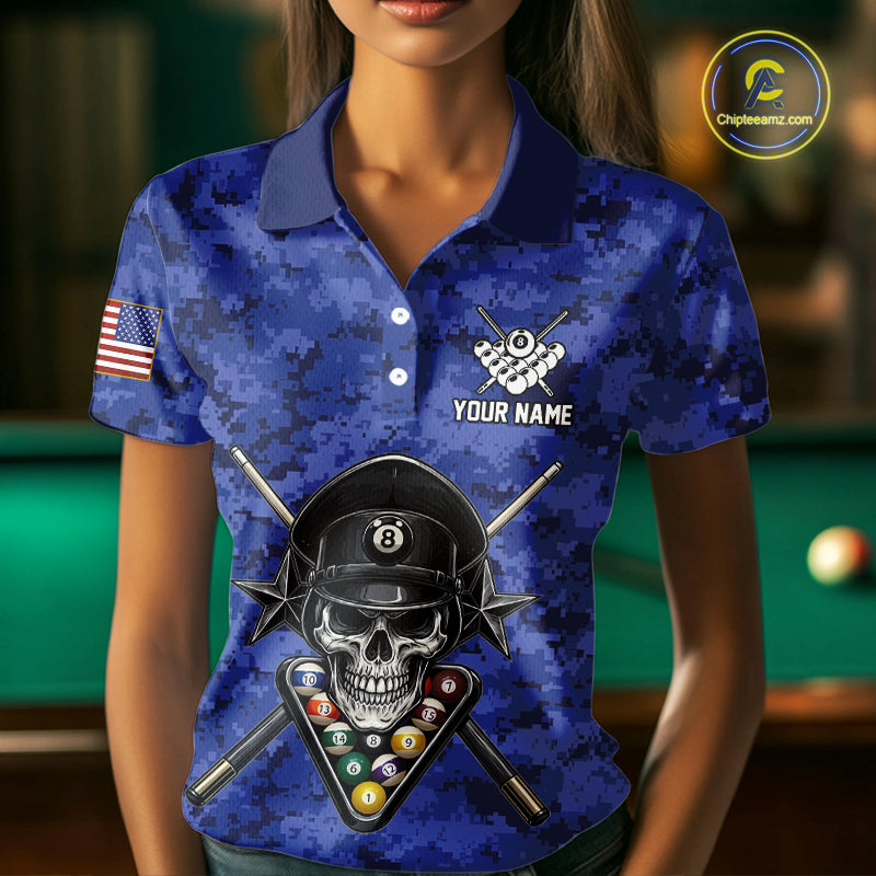 Personalized Blue Camo Skull Billiard Shirt For Women Custom Patriotic US Flag Pool Team Jersey TDM5166