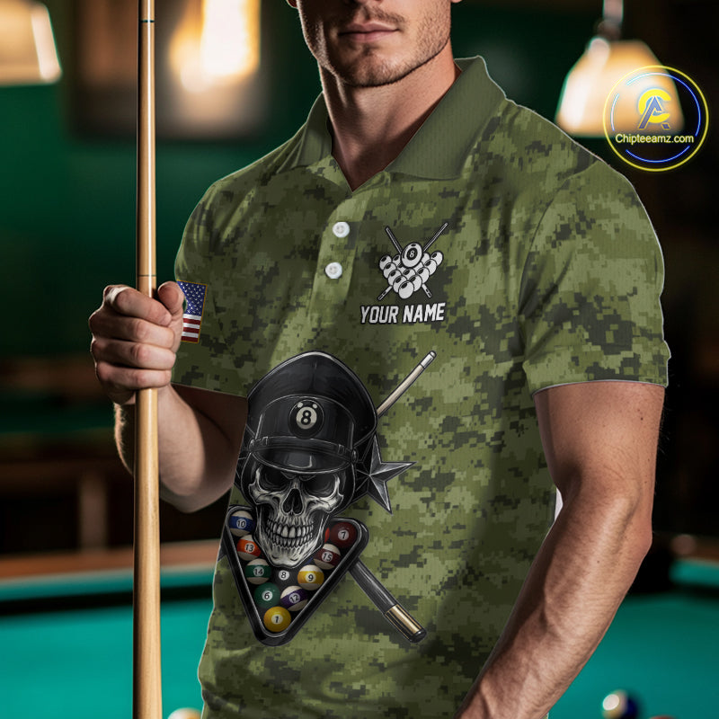 Personalized Military Green Camo Skull Billiard Shirt For Men, Patriotic US Flag Pool Team Jersey TDM5167