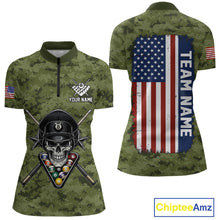Load image into Gallery viewer, Personalized Military Green Camo Skull Billiard Shirt For Men, Patriotic US Flag Pool Team Jersey TDM5167