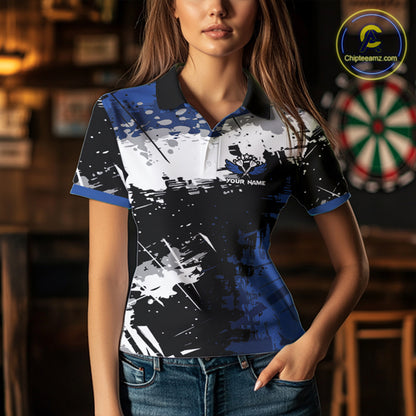 Custom Blue Grunge Darts Shirt With Pocket Option For Women, Dart Team Jersey TDM3538