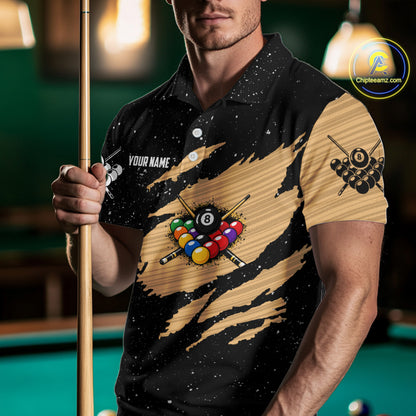 Custom Grunge American Flag 8 Ball Billiard Polo & 1/4 Zip For Men, Pool Team Jersey |Beige TDM5901
