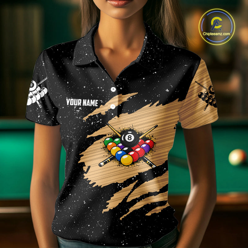 Custom Grunge American Flag 8 Ball Billiard Polo & 1/4 Zip For Women, Pool Team Jersey |Beige TDM5901