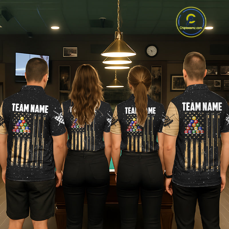 Custom Grunge American Flag 8 Ball Billiard Polo & 1/4 Zip For Men, Pool Team Jersey |Beige TDM5901