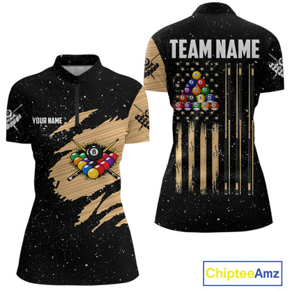 Custom Grunge American Flag 8 Ball Billiard Polo & 1/4 Zip For Women, Pool Team Jersey |Beige TDM5901