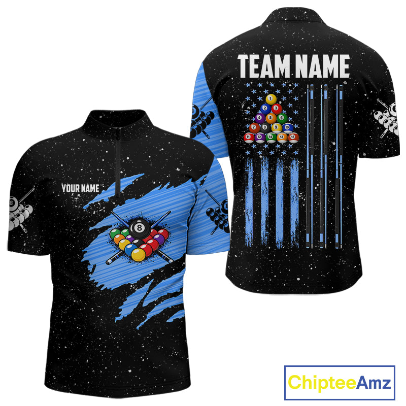 Custom Grunge American Flag 8 Ball Billiard Polo & 1/4 Zip For Men, Pool Team Jersey |Blue TDM5902