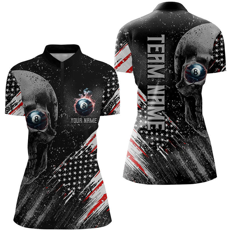 Personalized Billiard Skull 8 Ball Pool Smoke US Flag Women Quarter-Zip Shirts Billiards Outfit TDM1208