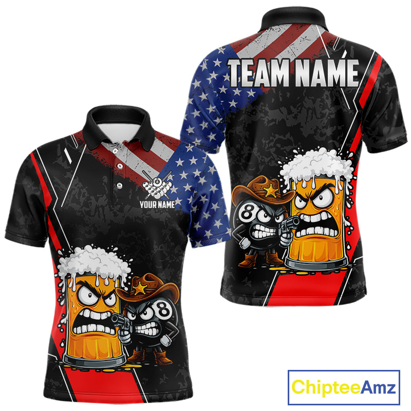Funny Beer US Flag 8 Ball Pool Billiard Shirt For Men Custom Billiard Team Jersey Polo & 1/4 Zip TDM6047