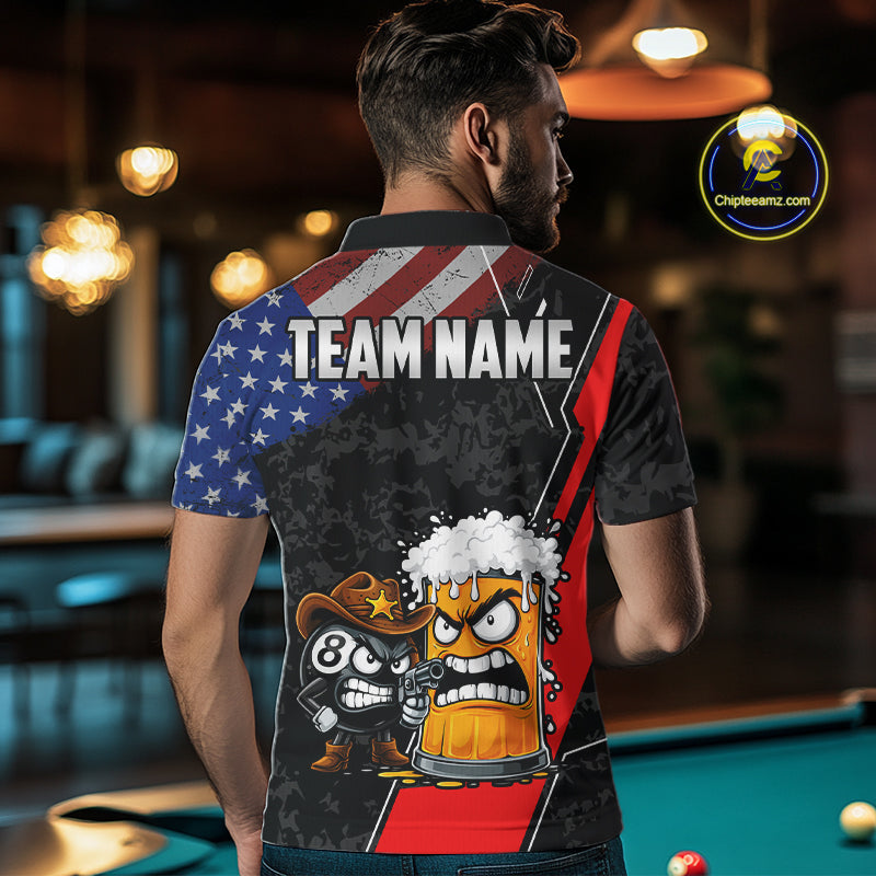 Funny Beer US Flag 8 Ball Pool Billiard Shirt For Men Custom Billiard Team Jersey Polo & 1/4 Zip TDM6047