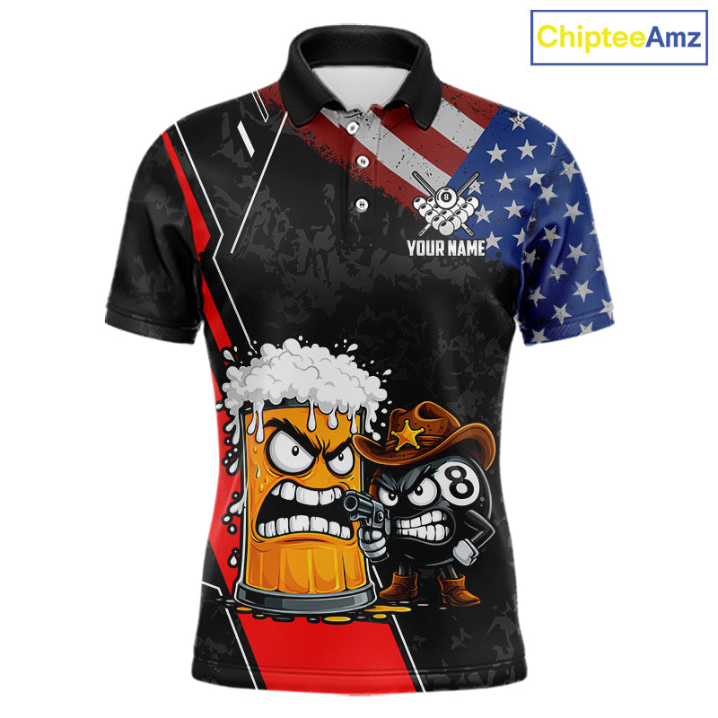Funny Beer US Flag 8 Ball Pool Billiard Shirt For Men Custom Billiard Team Jersey Polo & 1/4 Zip TDM6047