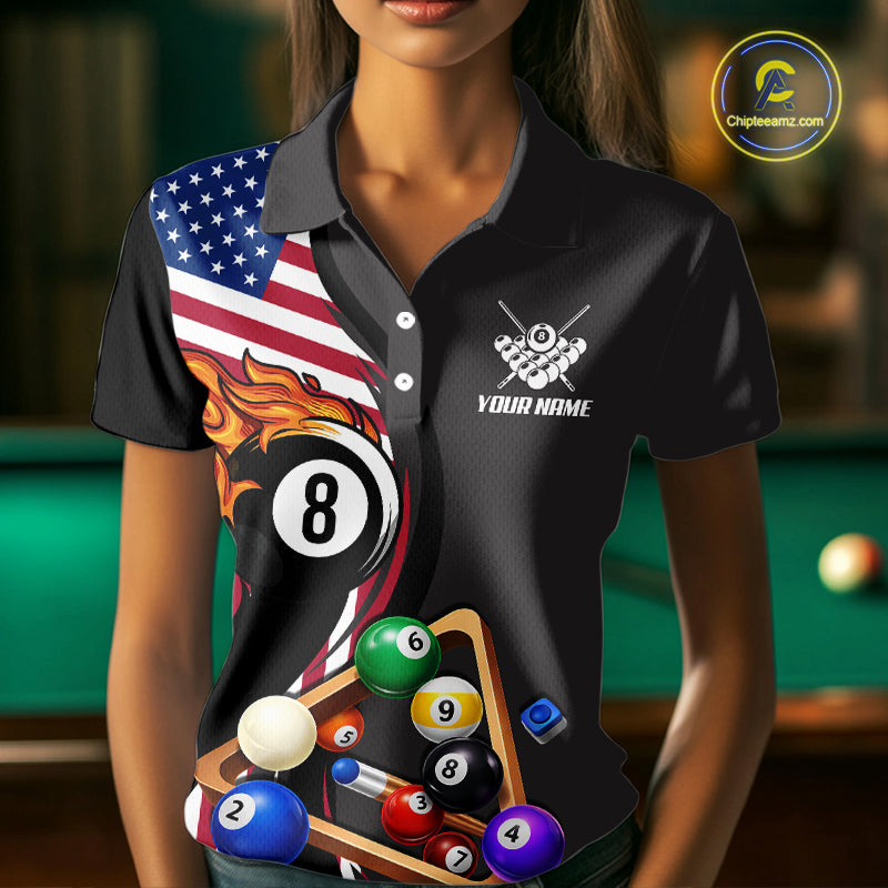 Personalized American Flag Pool Balls Billiard Shirt For Women, 8 Ball Jersey Team Polo & 1/4 Zip TDM6050