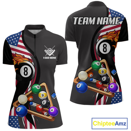 Personalized American Flag Pool Balls Billiard Shirt For Women, 8 Ball Jersey Team Polo & 1/4 Zip TDM6050