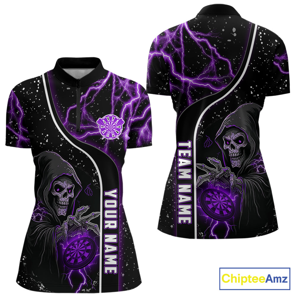Custom Purple Darts Lightning Grim Reaper Polo & 1/4 Zip, Darts Shirt For Women, Darts Team Jersey TDM6309