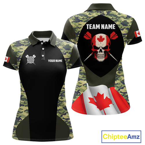 Canada Waving Flag Skull Green Camo Custom Dart Shirts For Women, Patriotic Dart Team Jerseys TDM4165