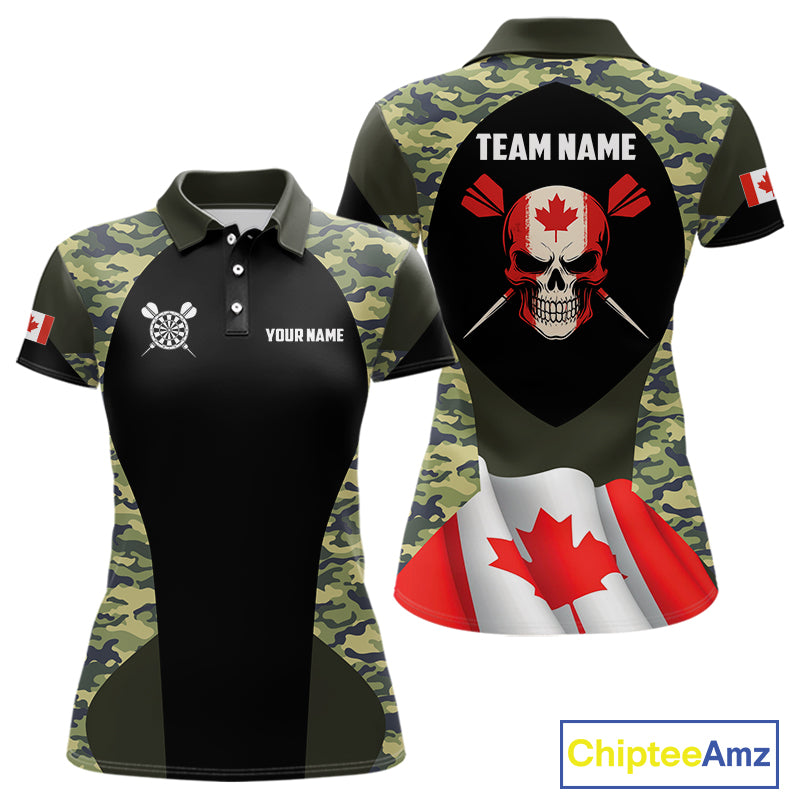Canada Waving Flag Skull Green Camo Custom Dart Shirts For Women, Patriotic Dart Team Jerseys TDM4165