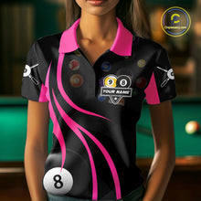 Load image into Gallery viewer, Woman wearing a pink 8 ball and 9 ball billiard jersey beside a pool table front view.
