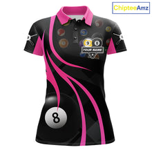 Load image into Gallery viewer, Pink 8 ball and 9 ball billiard polo shirt for women with custom pool team graphics.