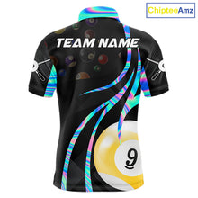 Load image into Gallery viewer, Holographic 8 ball and 9 ball billiard polo shirt for men with custom pool team graphics.