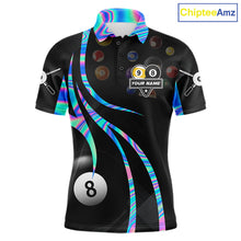 Load image into Gallery viewer, Holographic 8 ball and 9 ball billiard polo shirt for men with custom pool team graphics.